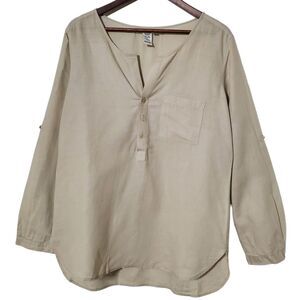 Max Studio Linen Blend Tunic Top Size M Beige Button Up Long Sleeve Lagenlook